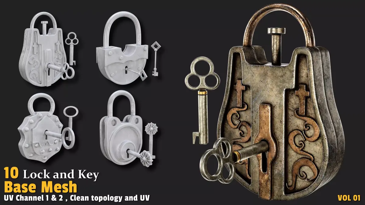 10 Lock and Key Base Mesh VOL01 Low-poly 3D model