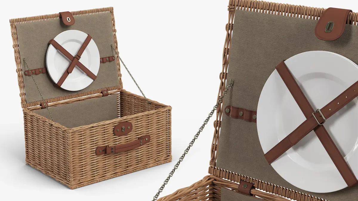 Willow Picnic Basket with Ceramic Plate Open Brown 3D model