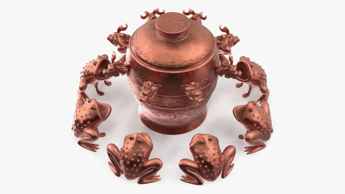 Ancient Earthquake Jar with Frogs Copper 3D model