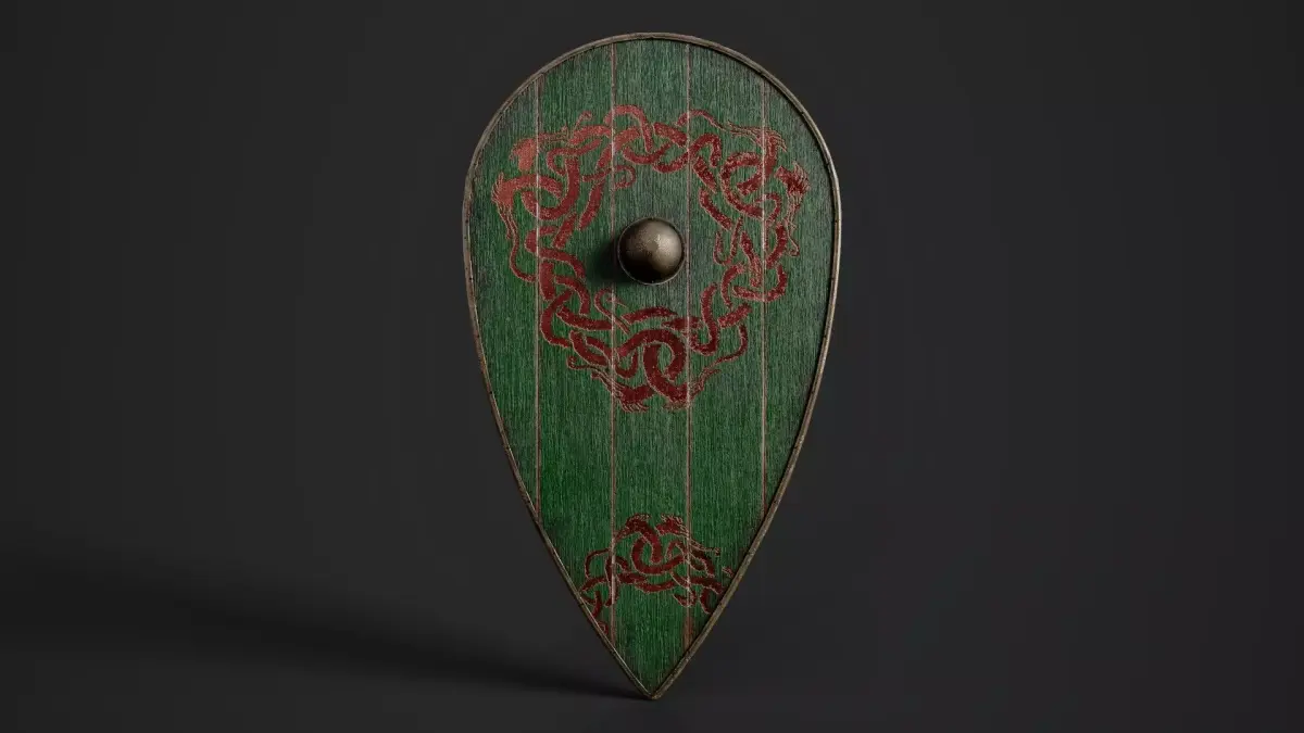 Slavic kite wooden shield-painted green with uroboros symbol Low-poly 3D model