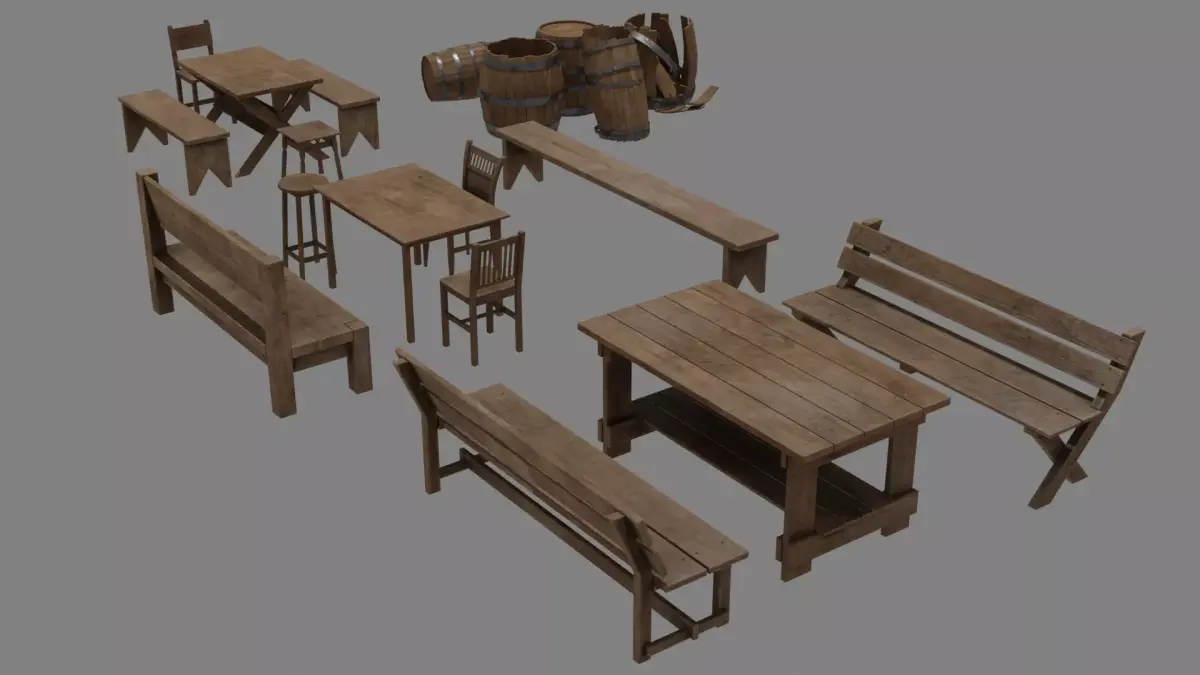 Free set of 18 wooden objects Low-poly 3D model Free low-poly 3D model