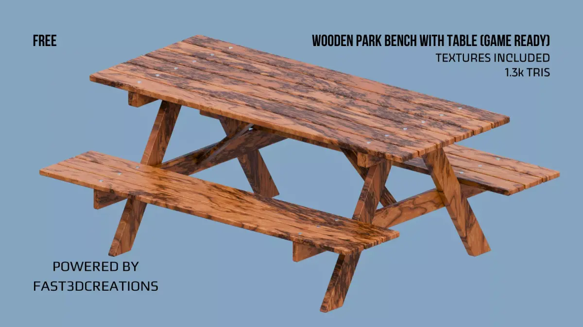 Wooden Park Bench with Table Game Ready Free low-poly 3D model