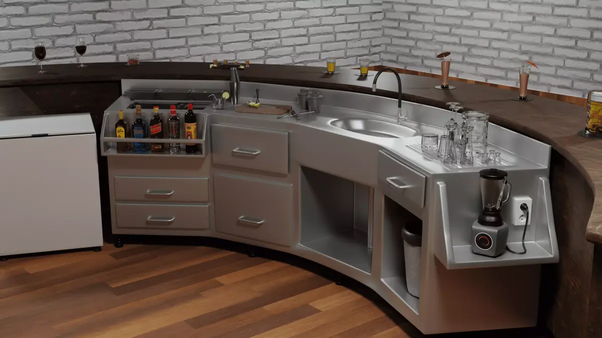 Professional Curved Cocktail Bar Station and Underbar Set 3D model