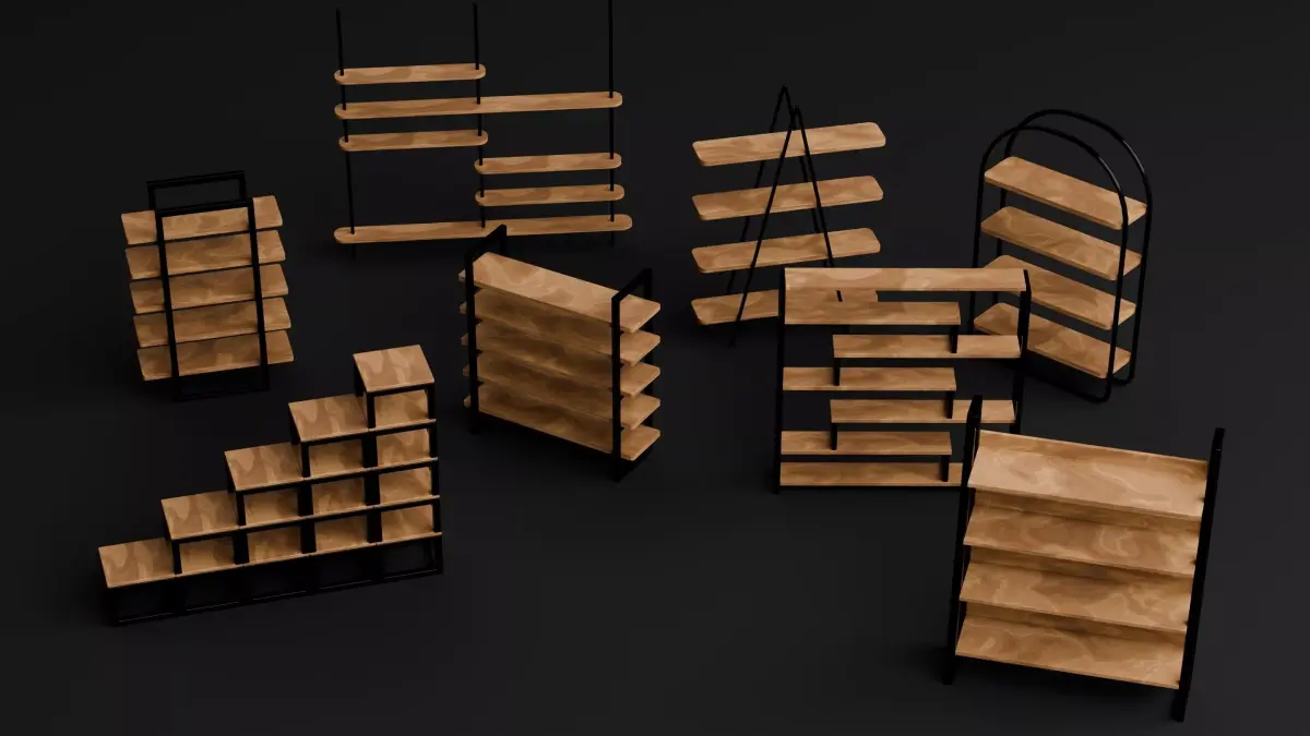 Modern Wooden Shelf and Display Rack Pack Low-poly 3D model