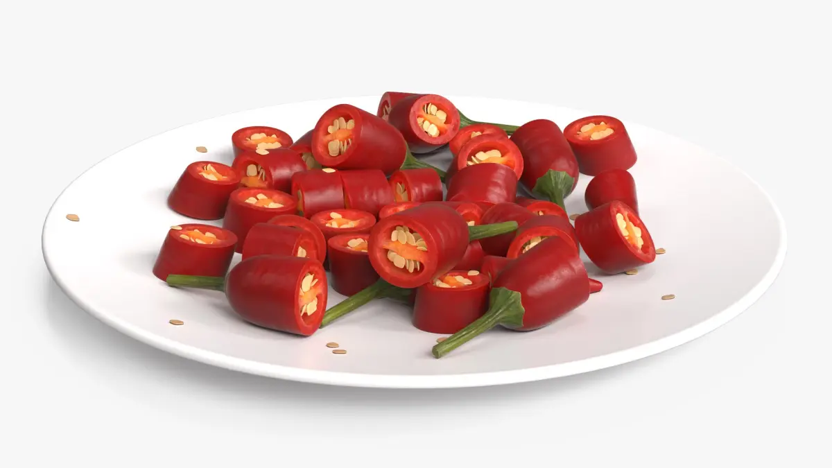 Sliced Chili Peppers with Seeds on Plate Red 3D model