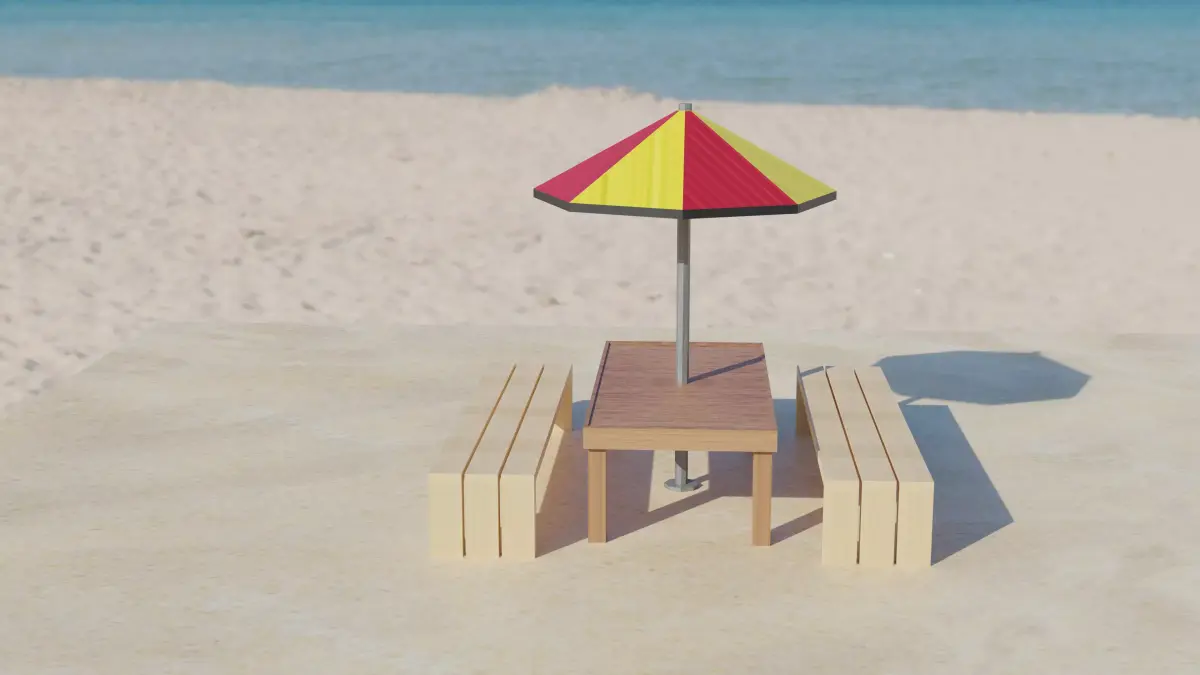 Beach table with umbrella and bench Free 3D model