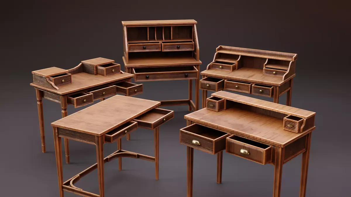 Stylized writing desk set Low-poly 3D model