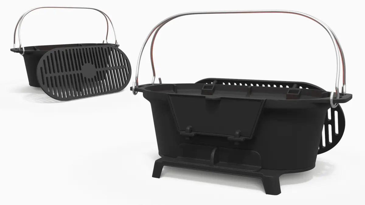 Open Cast Iron Grill with Burning Coals 3D model