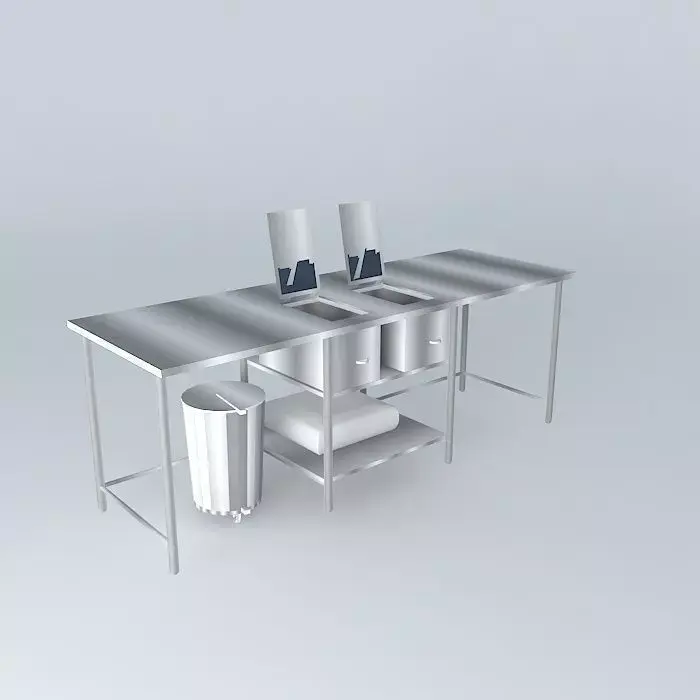 Kit stainless steel table with two sinks and trash can Free 3D model