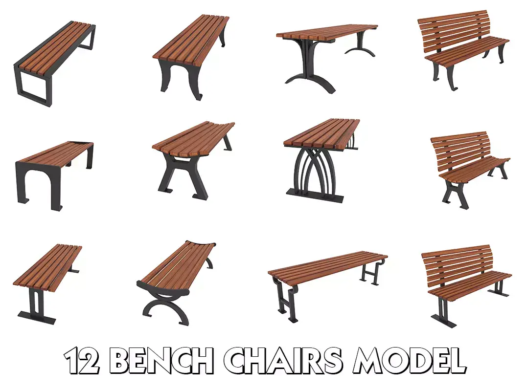 12 Bench Chairs Low-poly 3D model