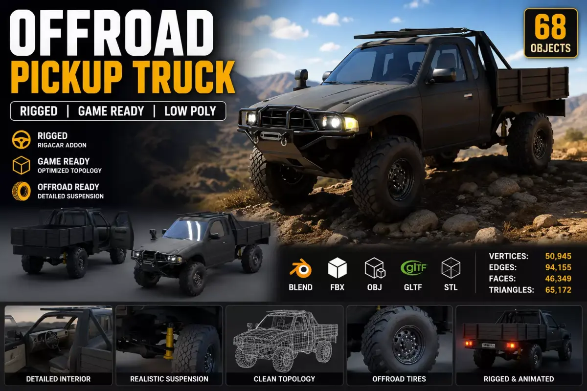 Rigged Offroad Pickup Truck 3D Model Low Poly Game Ready Low-poly 3D model