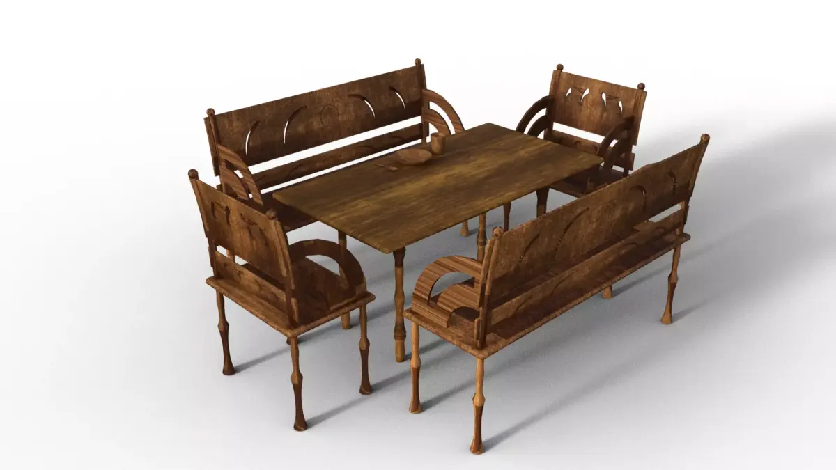 Wooden Table Chairs Tableware Free 3D model