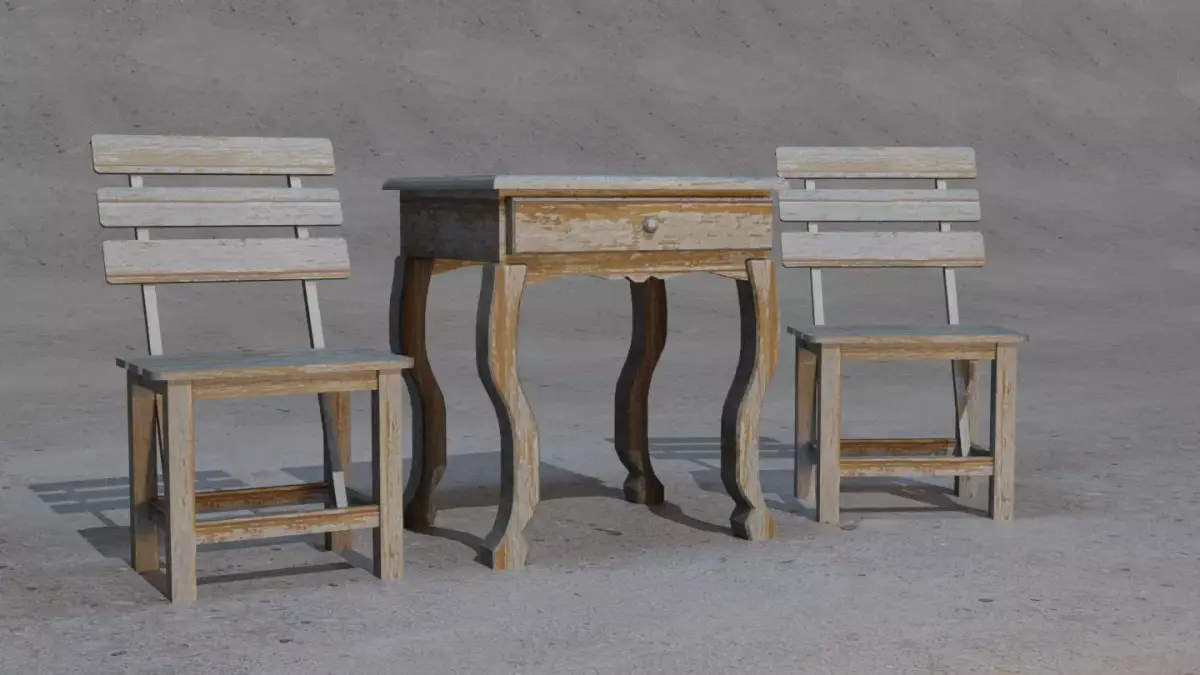 Realistic Old Vintage Wooden Chair and Table 3D model