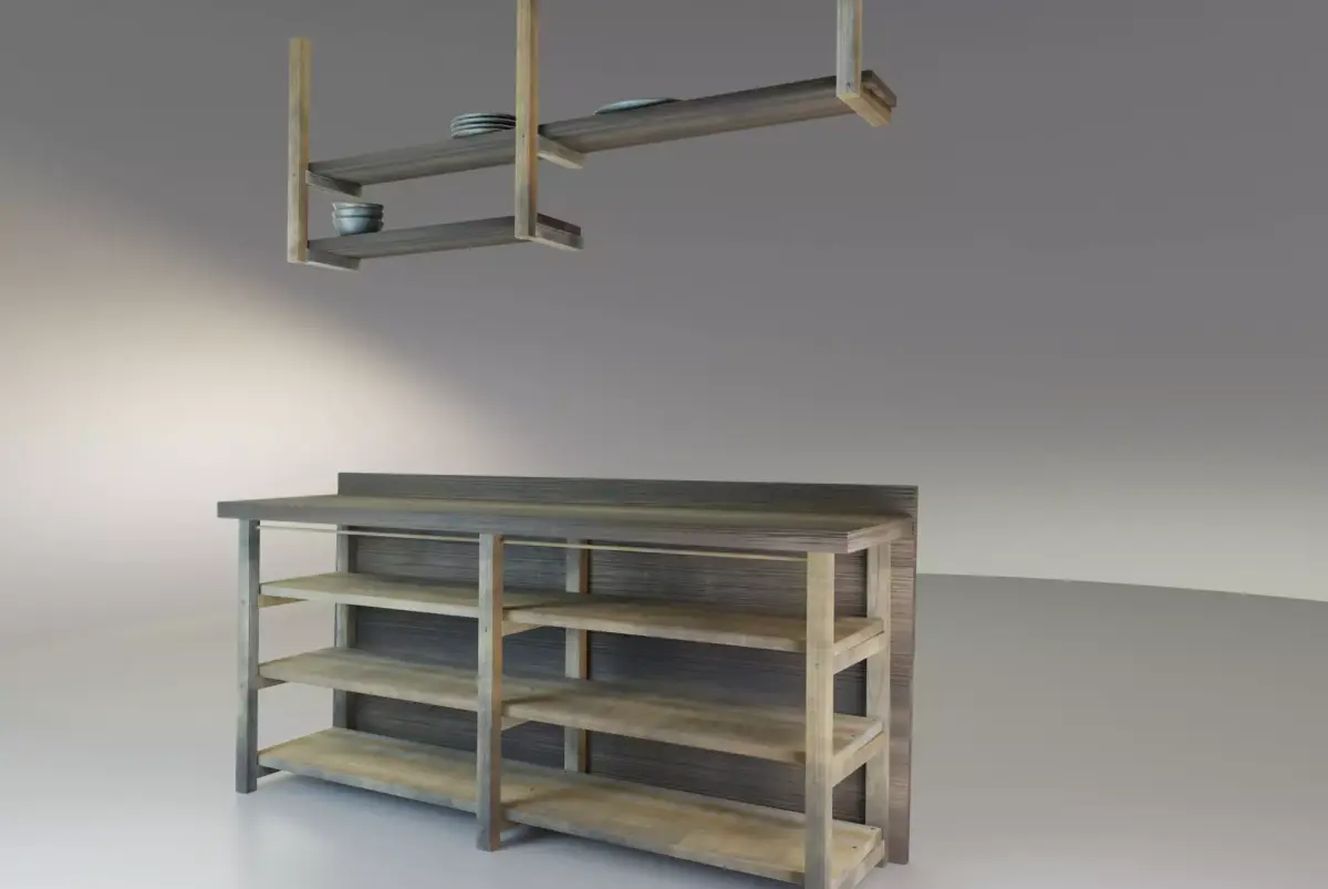 Rustic wooden kitchen counter with shelves Free low-poly 3D model