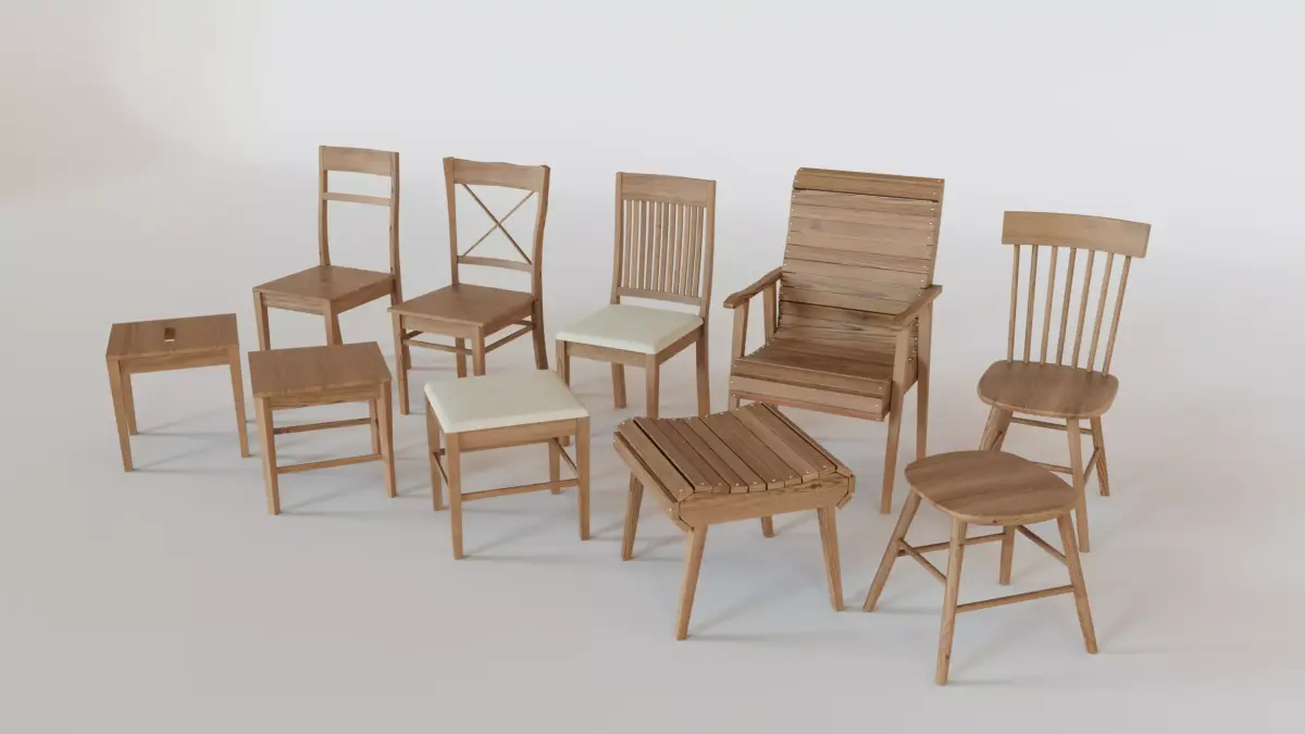 3D classic wooden chairs and stools Free 3D model
