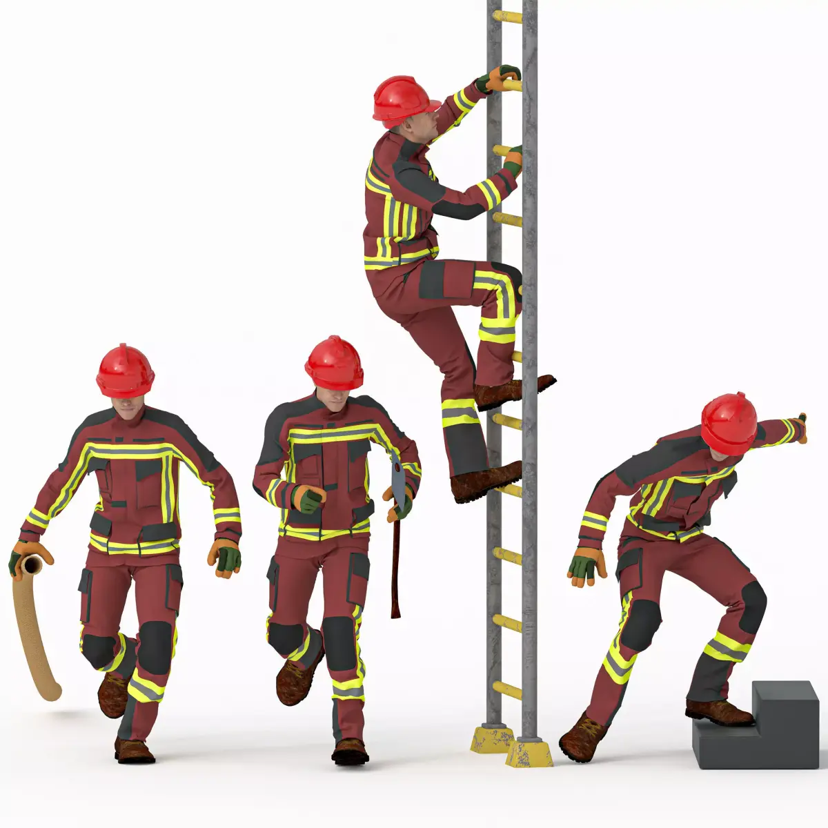 Fireman Climbing Ladder 4 pose Low-poly 3D model