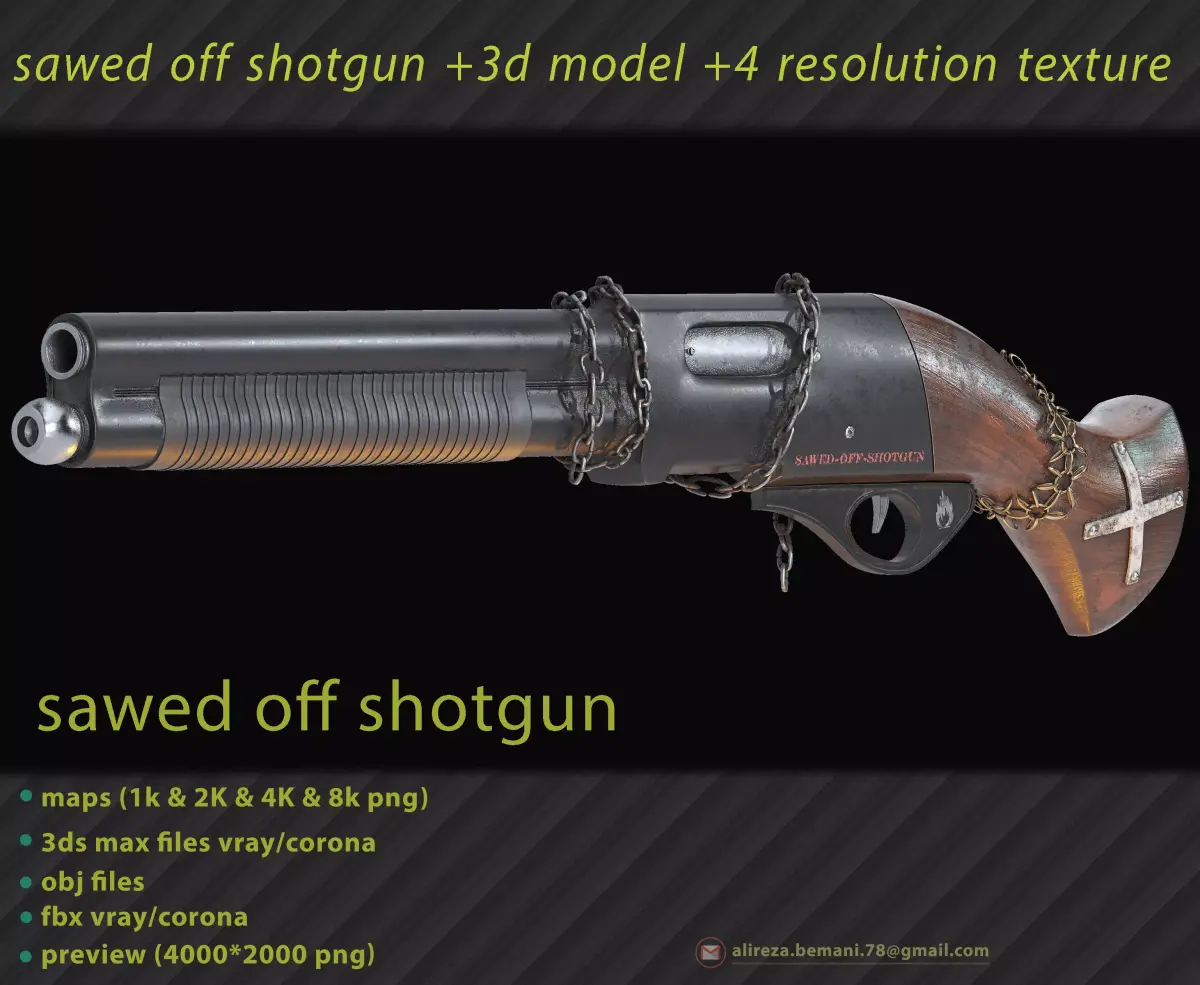 Sawed Off Shotgun With four textures resolutions Low-poly 3D model