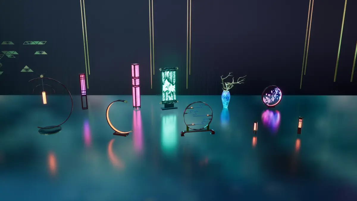 Asian lamp deco collection for cyberpunk and lo-fi environment Low-poly 3D model
