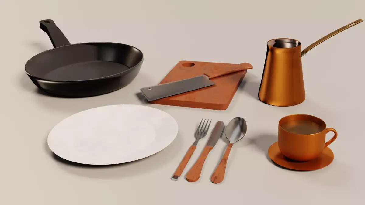 Kitchen Props pack - Frying pan knife Cutting board 3D model