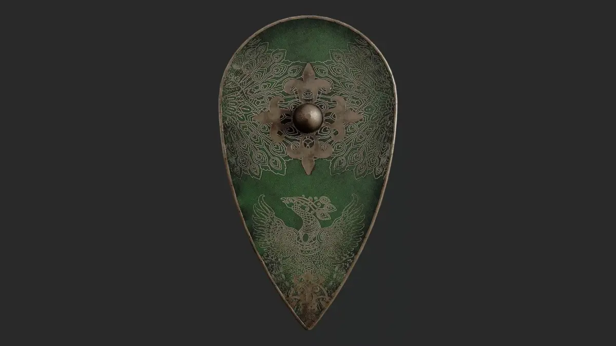 Slavic kite leather shield-painted green with pheasant symbol Low-poly 3D model