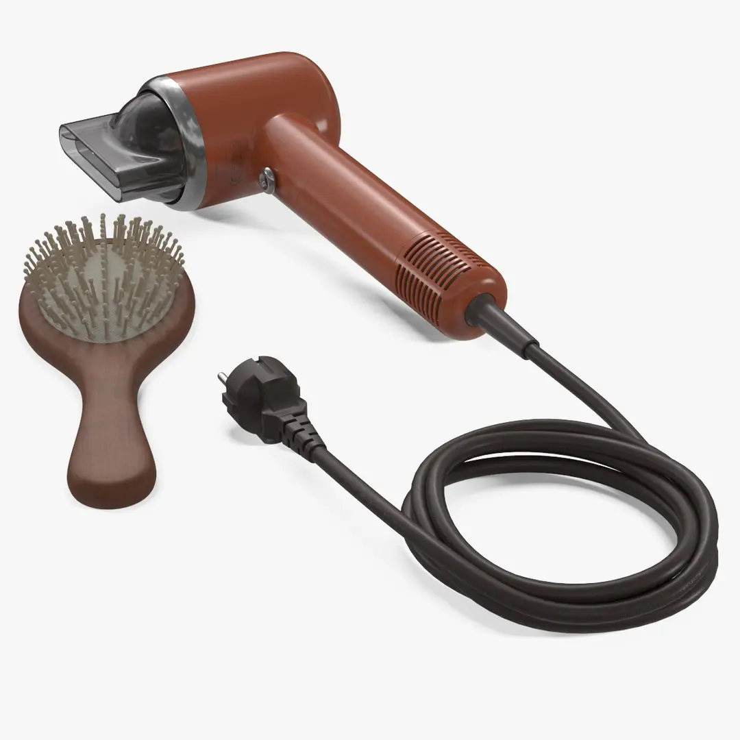 Electric Hair Dryer with Wooden Brush 3D model