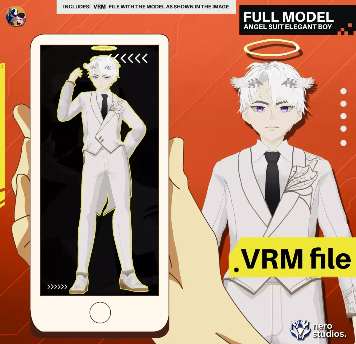 VRM ANGEL SUIT ELEGANT HANDSOME BOY WHITE SUIT ANIME VROID 3D model