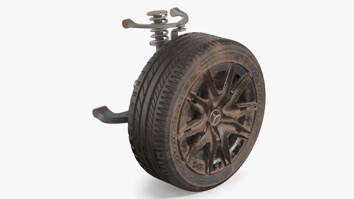 Dirty Mercedes Front Car Wheel Rim with Suspension 3D model