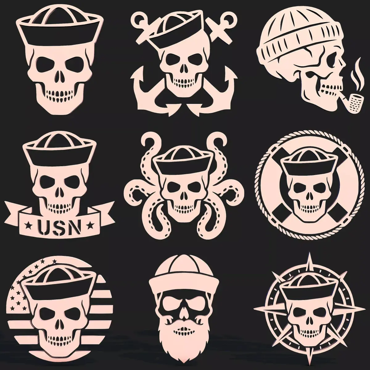 American Sailor Skull Bundle  9 Nautical Military STL Designs 3D print model