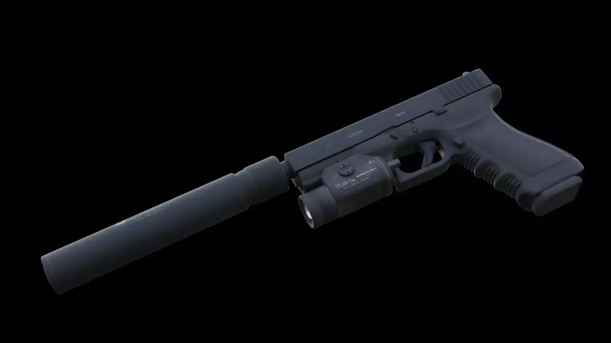 Tactical Glock 17 Pistol with Suppressor Flashlight Game Ready Low-poly 3D model