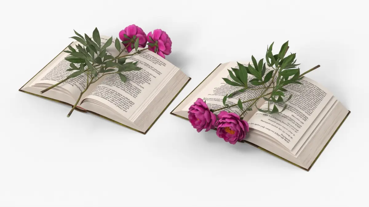 Open Book with Two Purple Peony Flowers 3D model