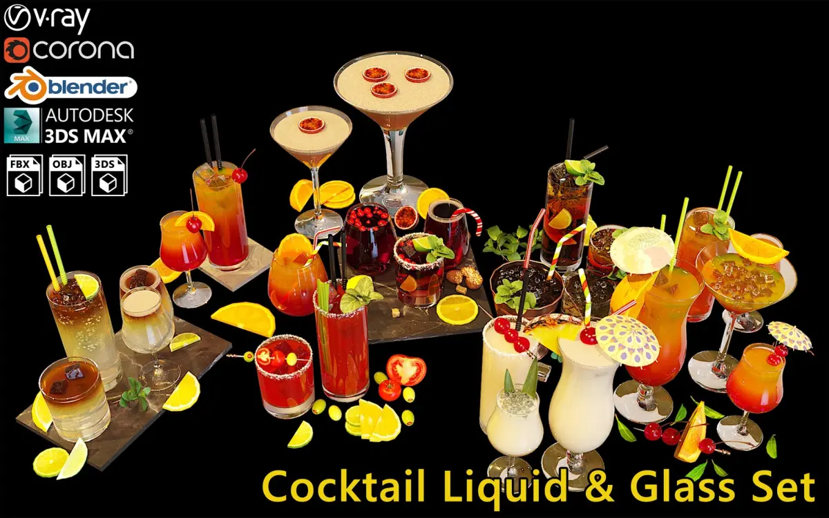 Cocktail Liquid and Glass Set 3D model