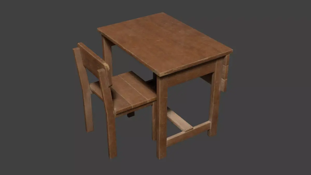 Old wooden school table and chair Free low-poly 3D model