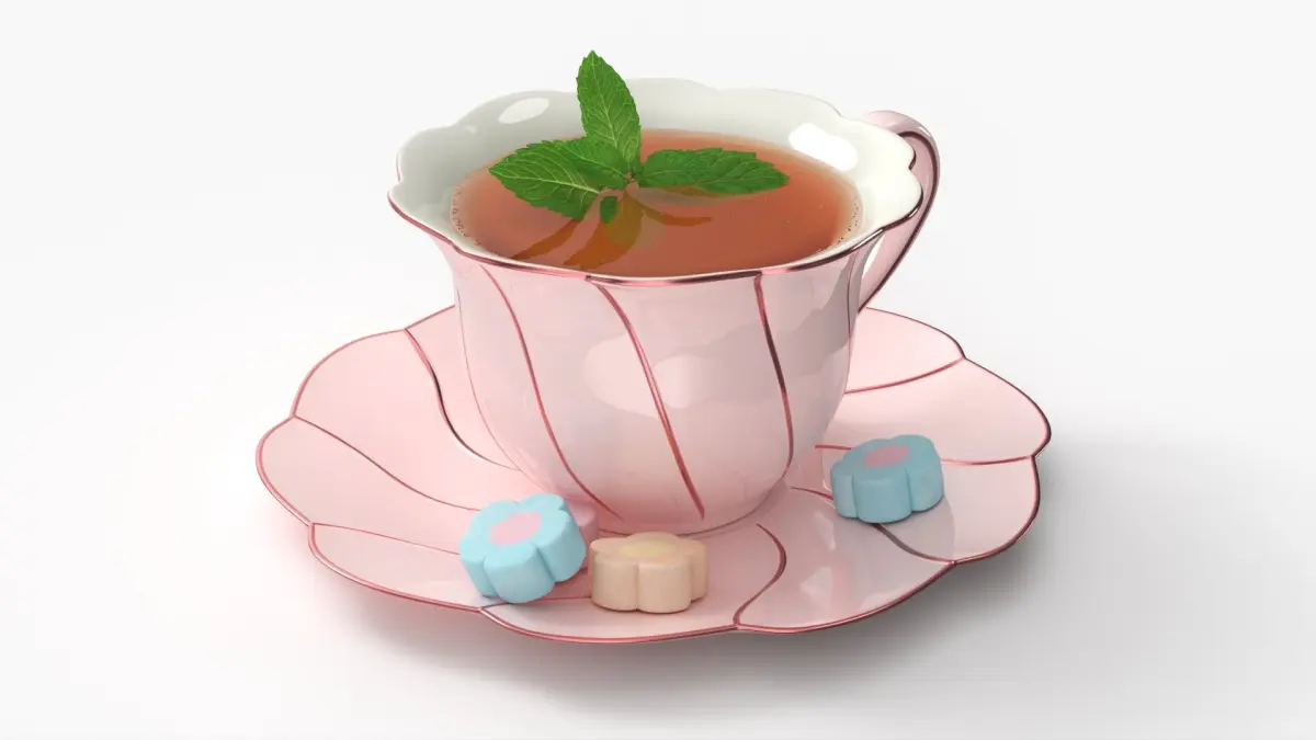 Mint Tea in Pink Porcelain Cup with Marshmallows 3D model