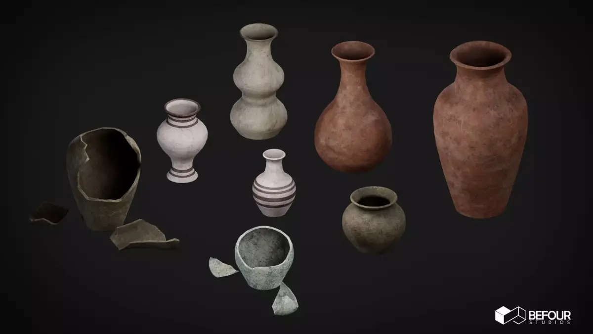 Vase Set with Broken Pieces Low-poly 3D model