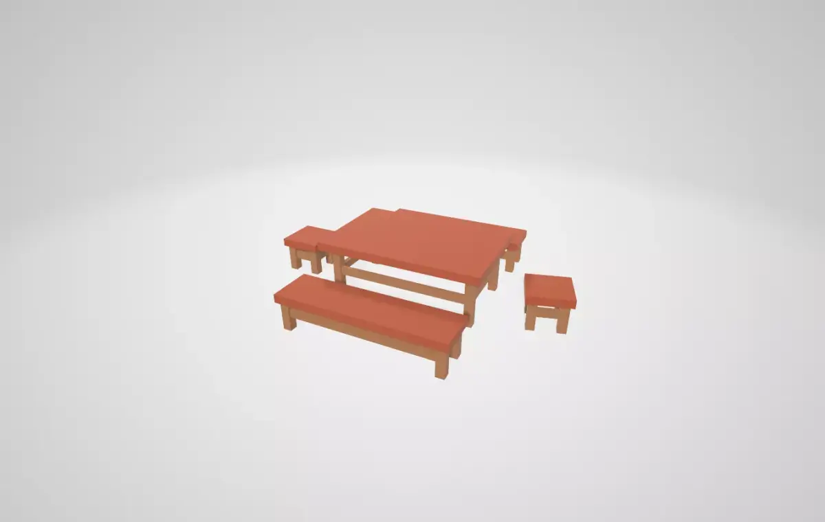A set of minimalistic table with chairs and benches Low-poly 3D model