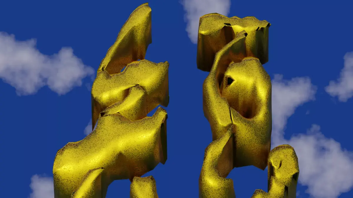 Golden Chinese text in damaged shape and rough surface Low-poly 3D model