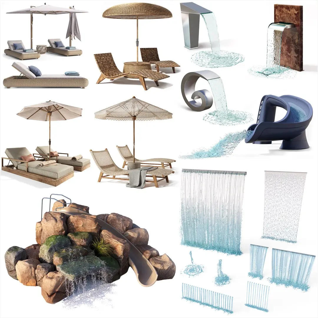 Ultimate Outdoor Poolside Landscape Assets - Mega Bundle Furniture Water Features 3D model