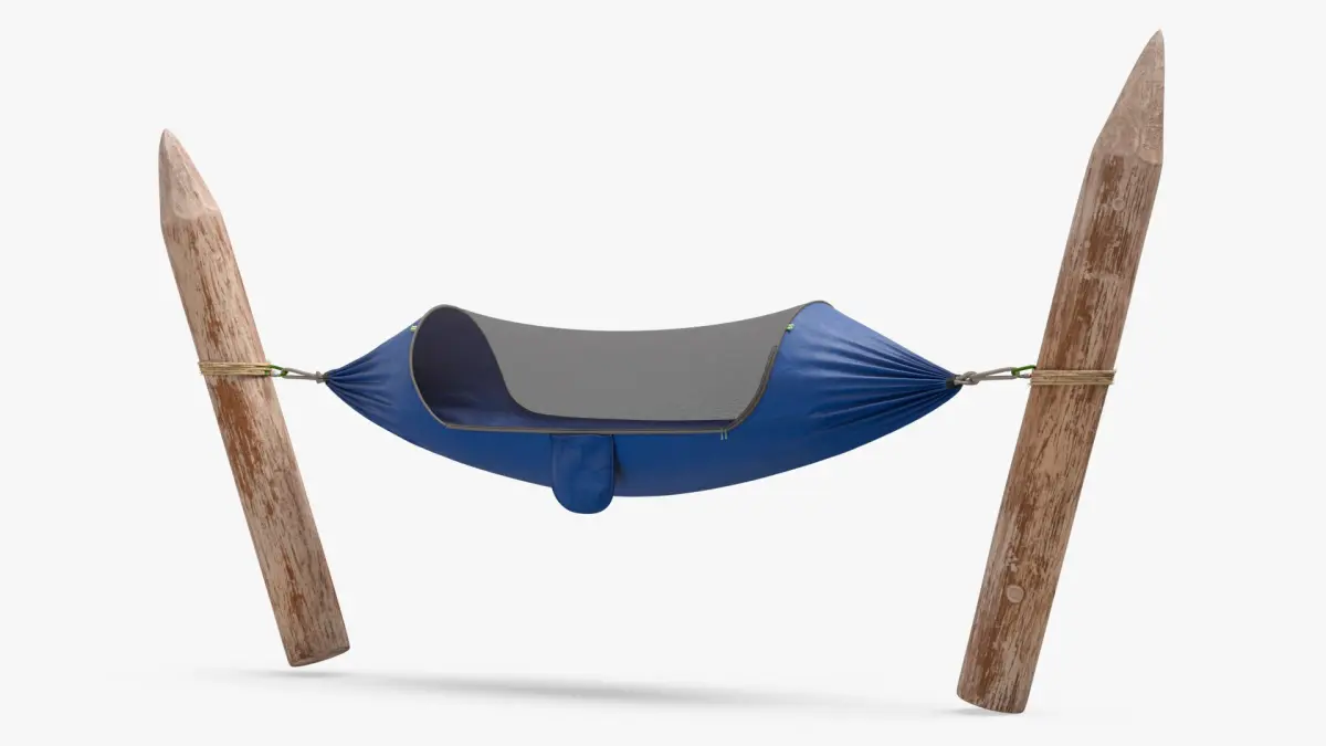 Survival Hammock Attached to Wooden Stakes 3D model