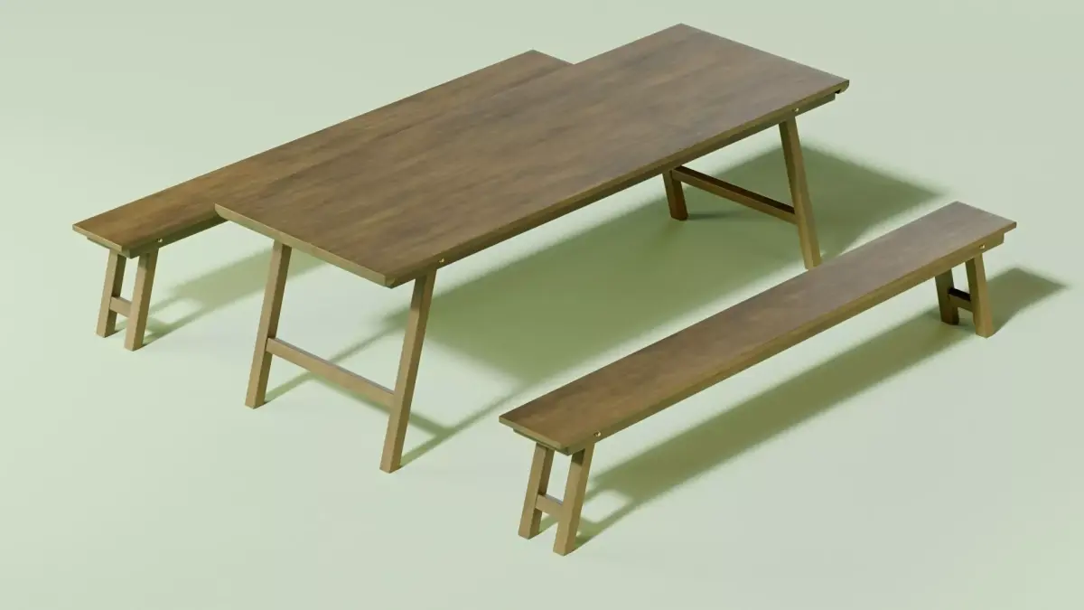 rustic  table  and two benchs 3D model