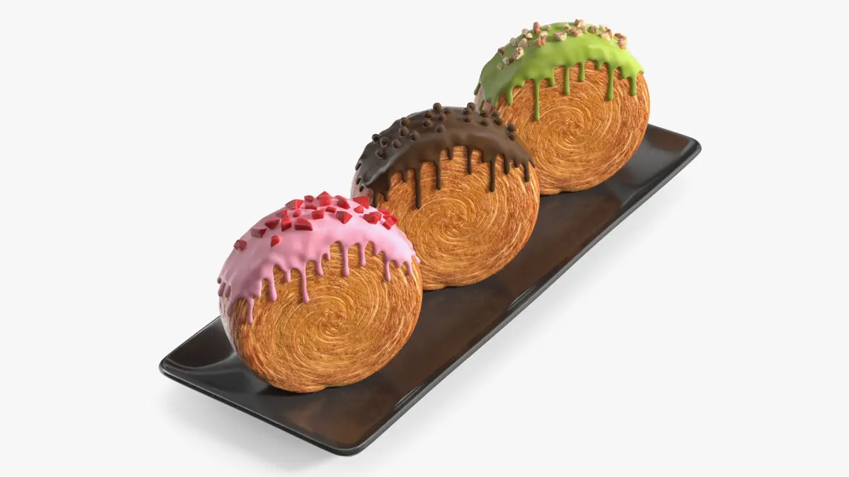 Round Croissant Pastry with Three Glazed Flavors on Tray 3D model