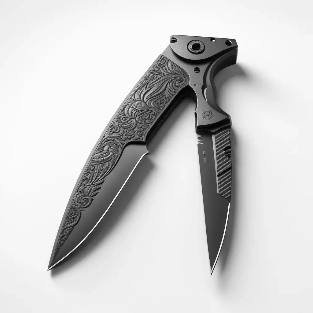 Black Engraved Folding Tactical Knife 3D model
