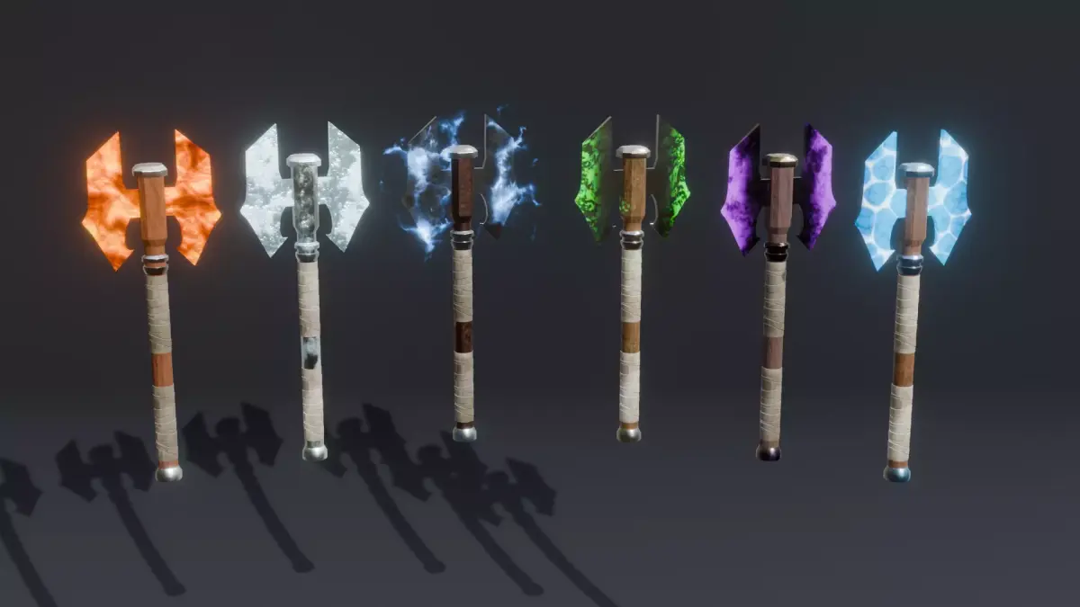 Set of 6 Elemental Double Bit Axe 01 - Fantasy weapon Low-poly 3D model