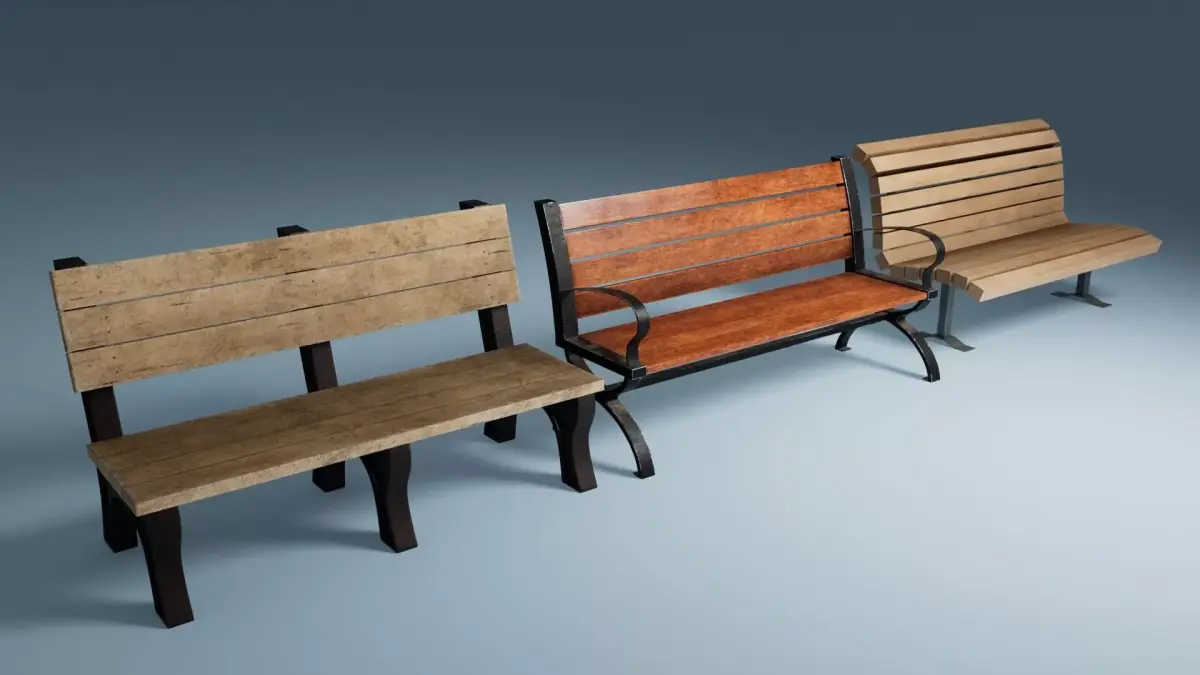 Wooden Street Park Bench Collection 3 Variations Bundle Pack 3D model