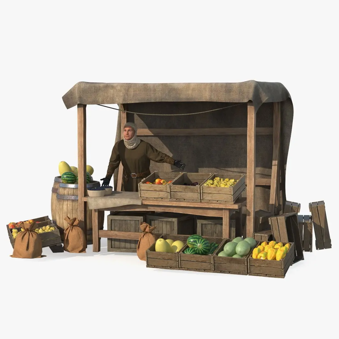 Medieval Merchant with Market Stall 3D model