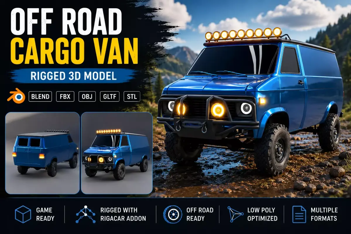 Classic Off Road Cargo Van Rigged Model Game Ready 4x4 Low Poly 3D model