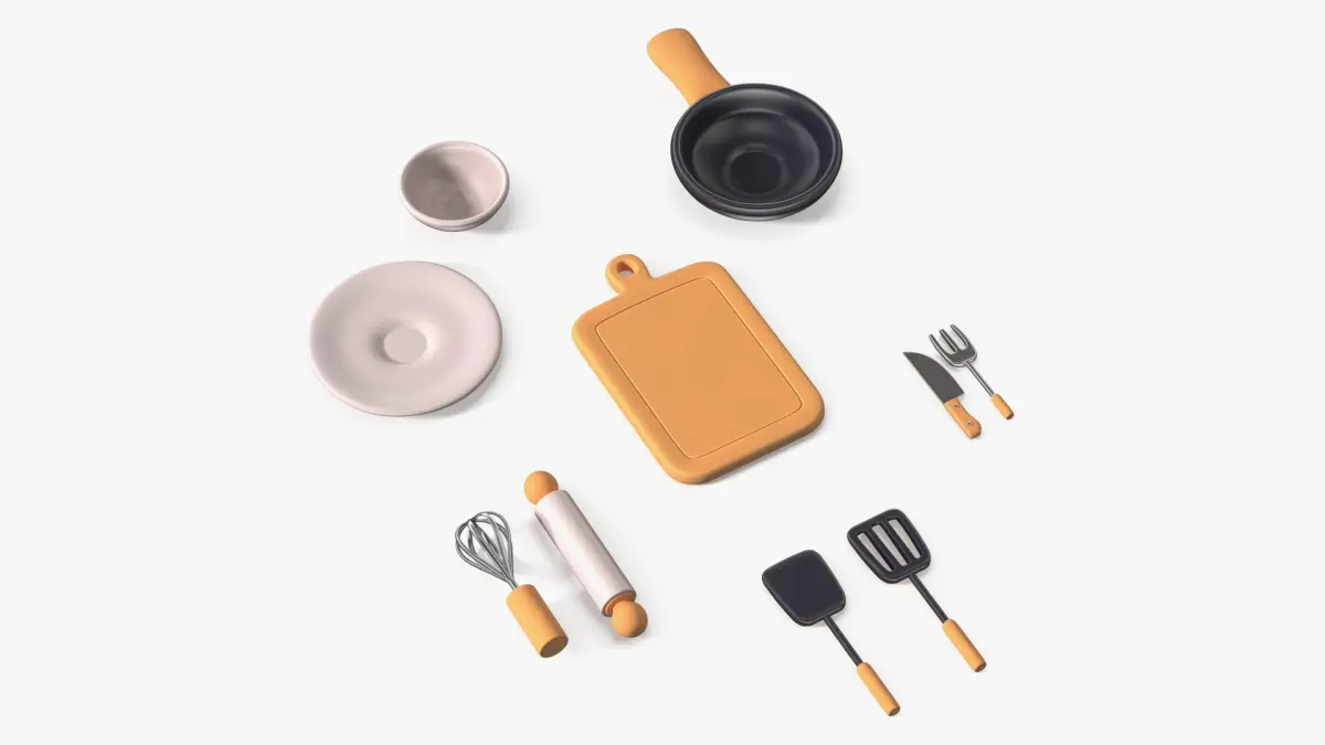 Cartoon Cooking Utensil Set with Board and Pan 3D model