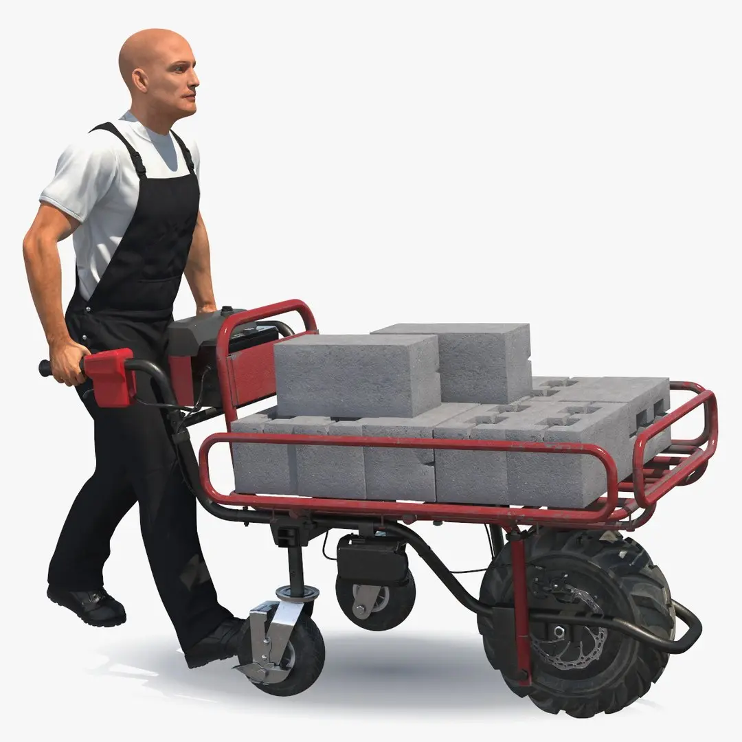 Worker with Filled Wheelbarrow Concrete Bricks 3D model purchase