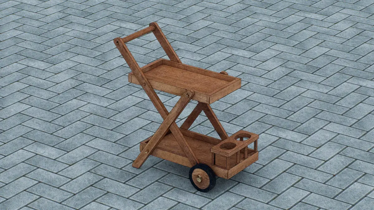 Wooden serving cart Low-poly 3D model