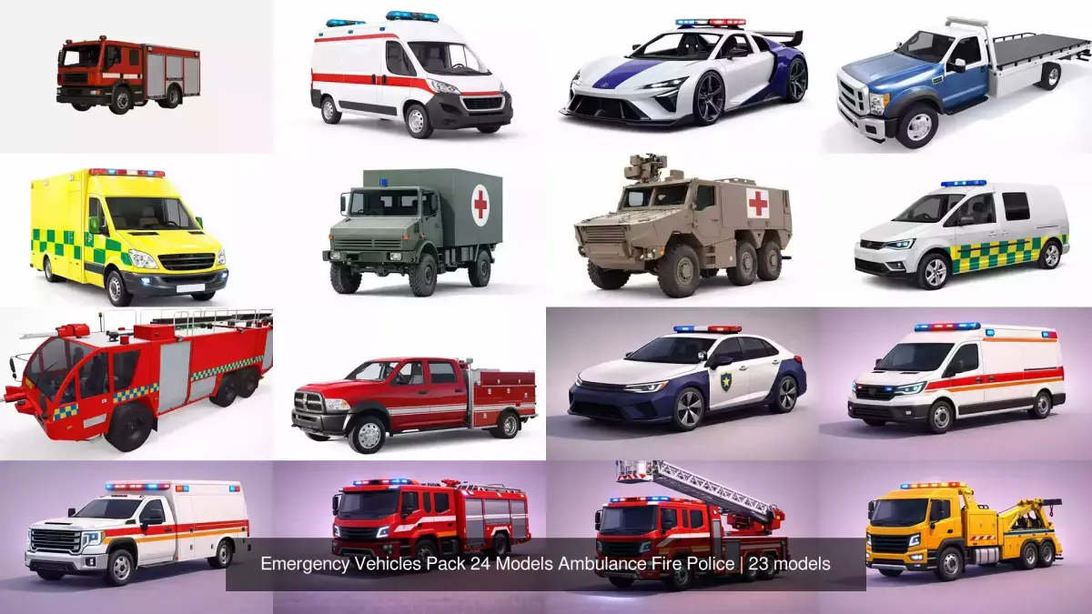 Emergency Vehicles Pack 24 Models Ambulance Fire Police