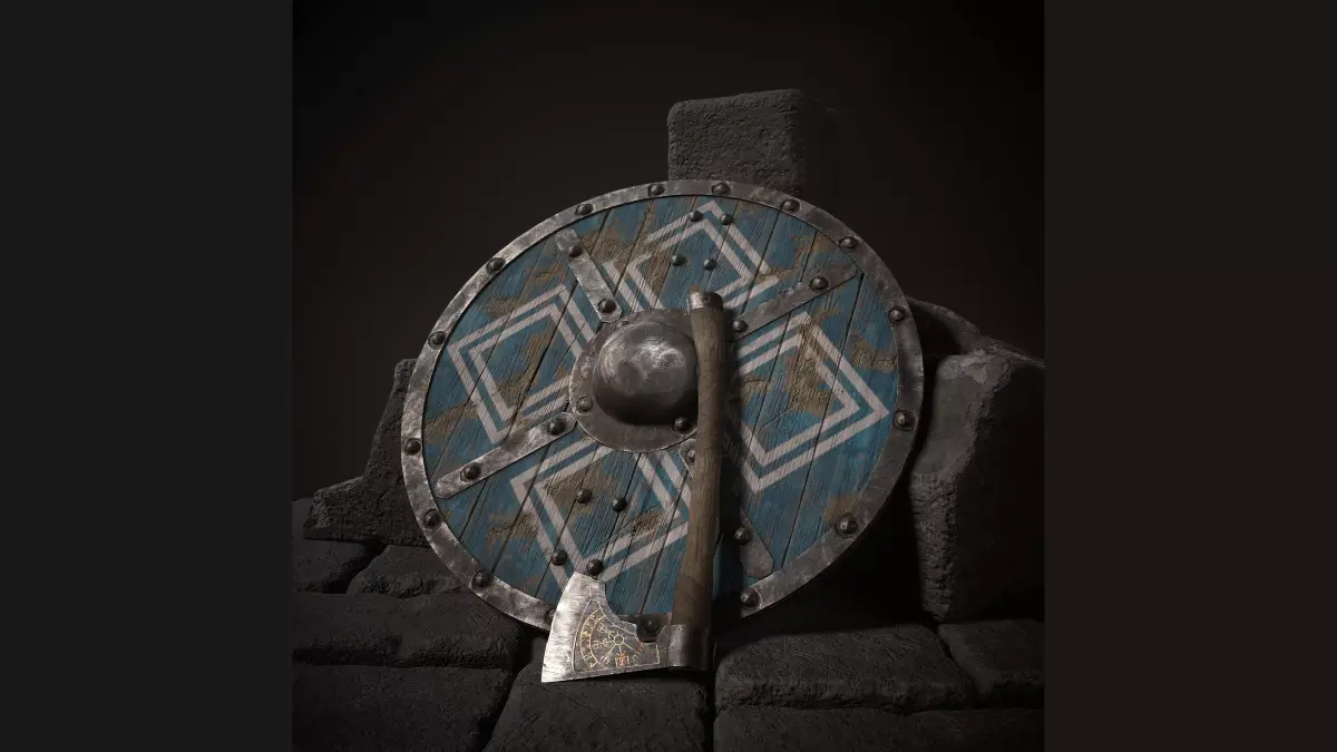 Viking axe and shield with geometric ornament Low-poly 3D model